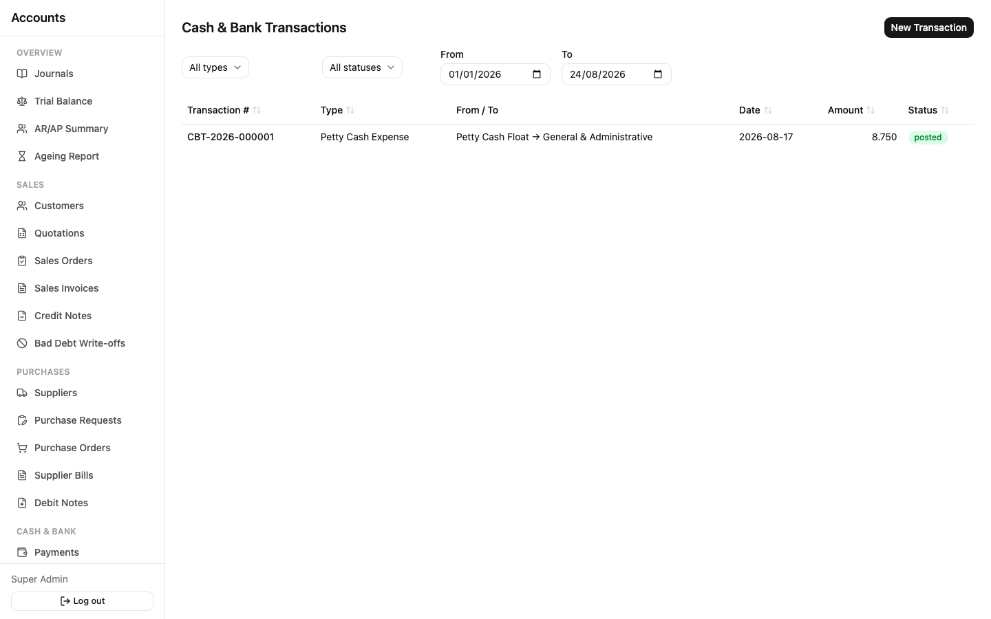Erizon Accounts cash and bank transactions