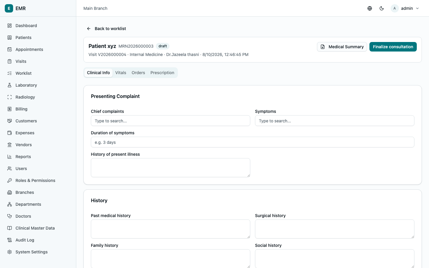 Erizon EMR consultation screen