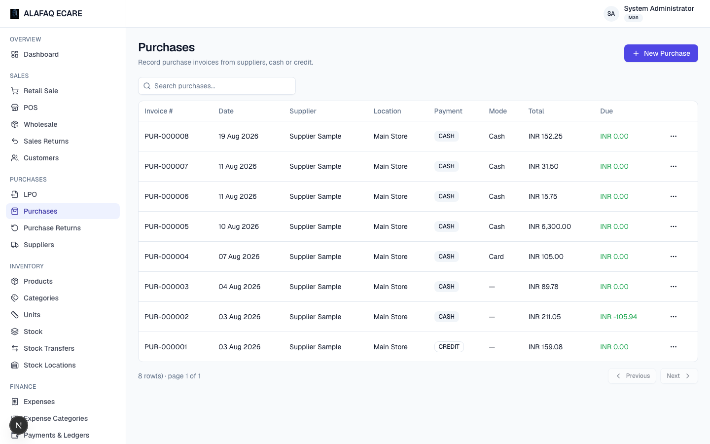 Erizon Inventory purchases screen