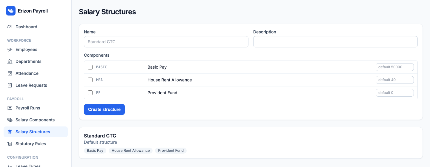 Erizon Payroll salary structures screen