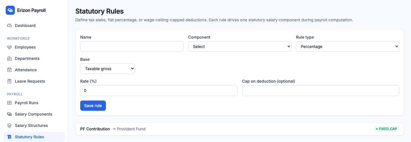 Erizon Payroll statutory rules screen