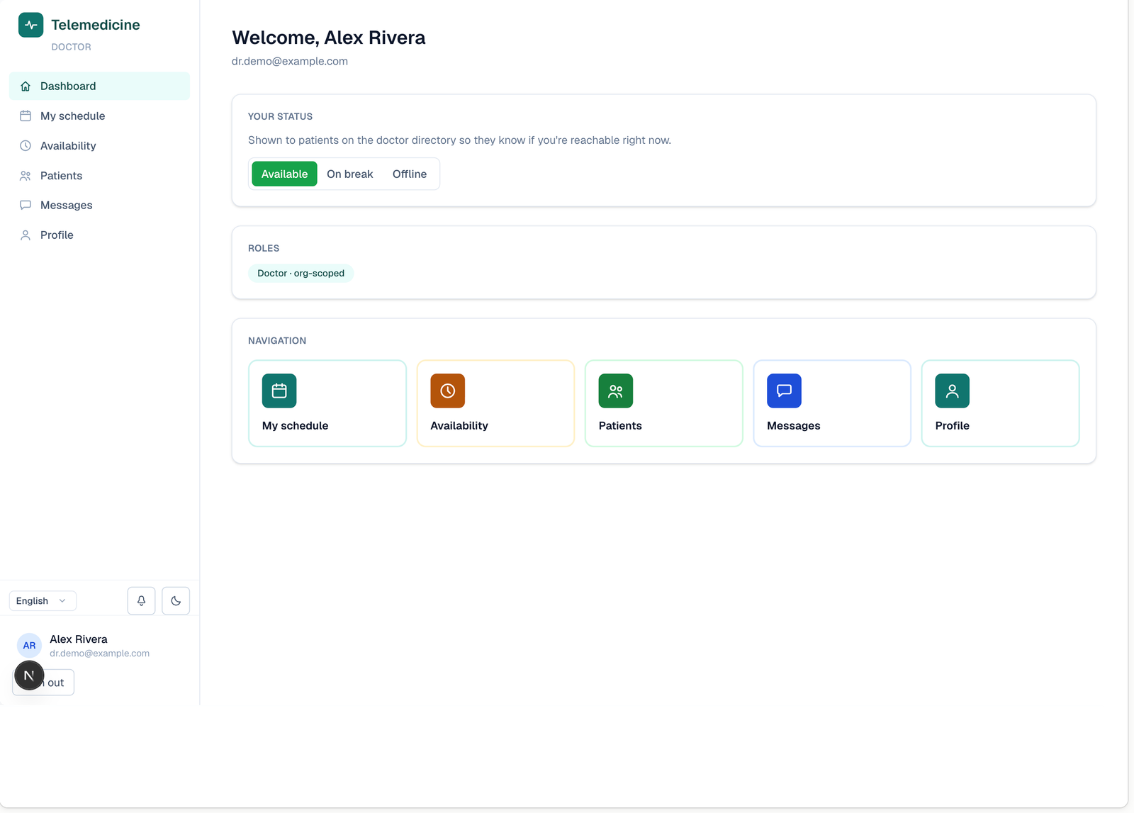 Erizon Telemedicine doctor dashboard showing live availability status