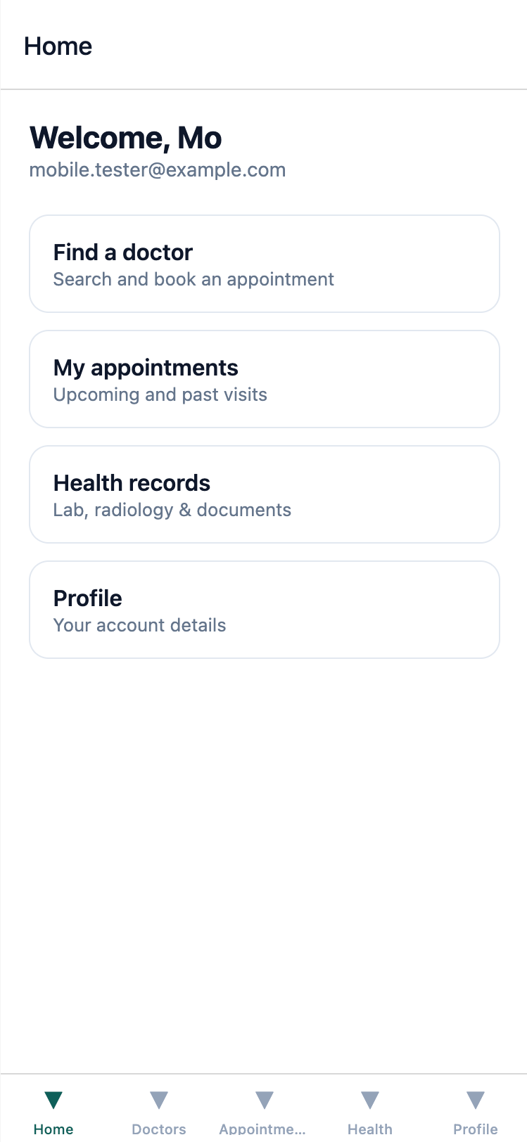 Erizon Telemedicine mobile app home screen